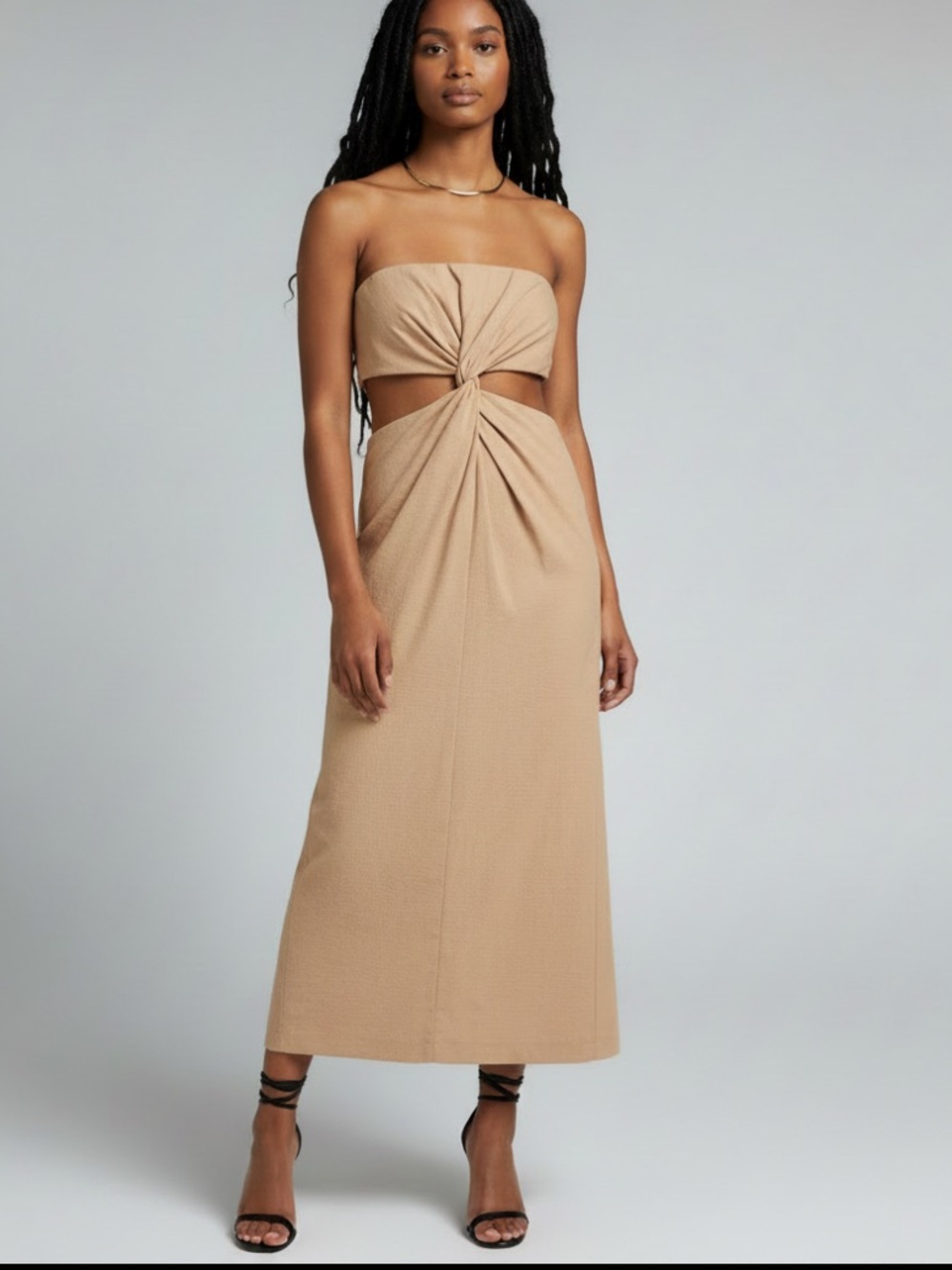 Midi dress En Saison neutral tan/beige strapless midi cutout dress